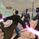 A Jedi tears through soldiers with a lightsaber.